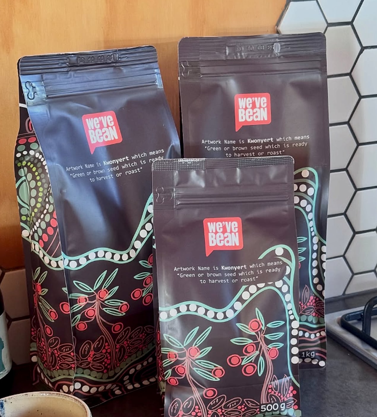 The We’ve Bean Kwonyert blend in 1kg and 500g bags, printed with Kevvy’s artwork
